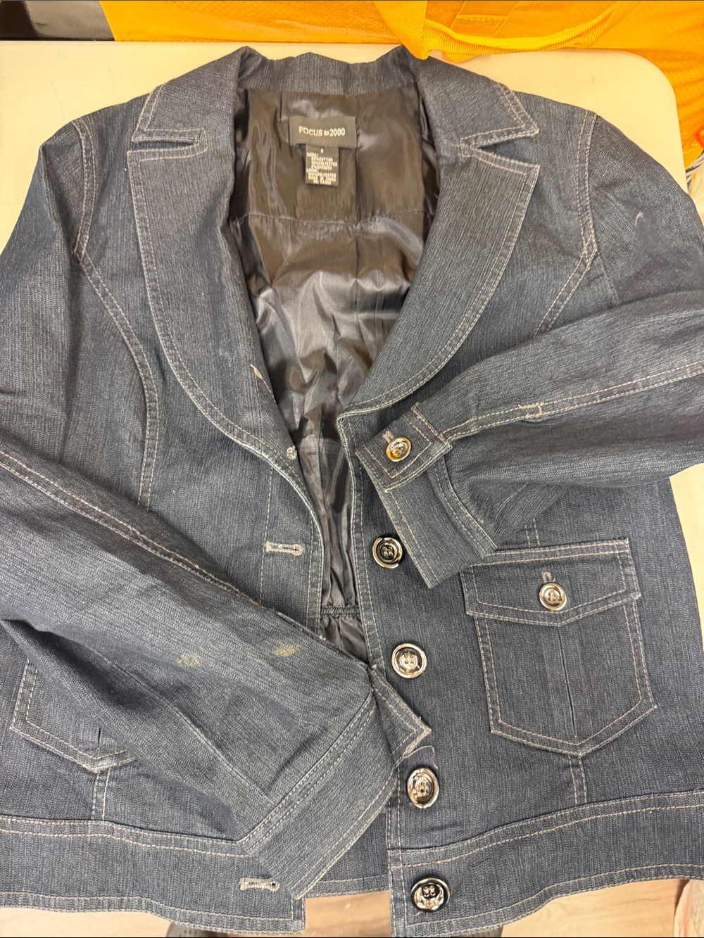 Focus 2000 Navy Denim Button-Front Blazer size small needs cleaning good quality